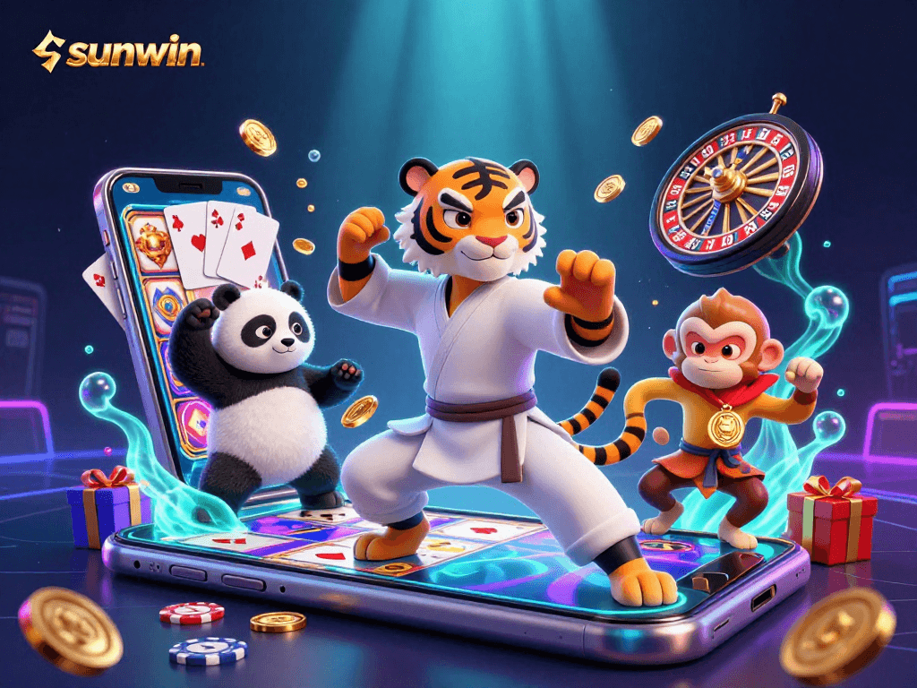 Sunwin casino experience with kung fu tiger master, panda disciple, and mischievous monkey.