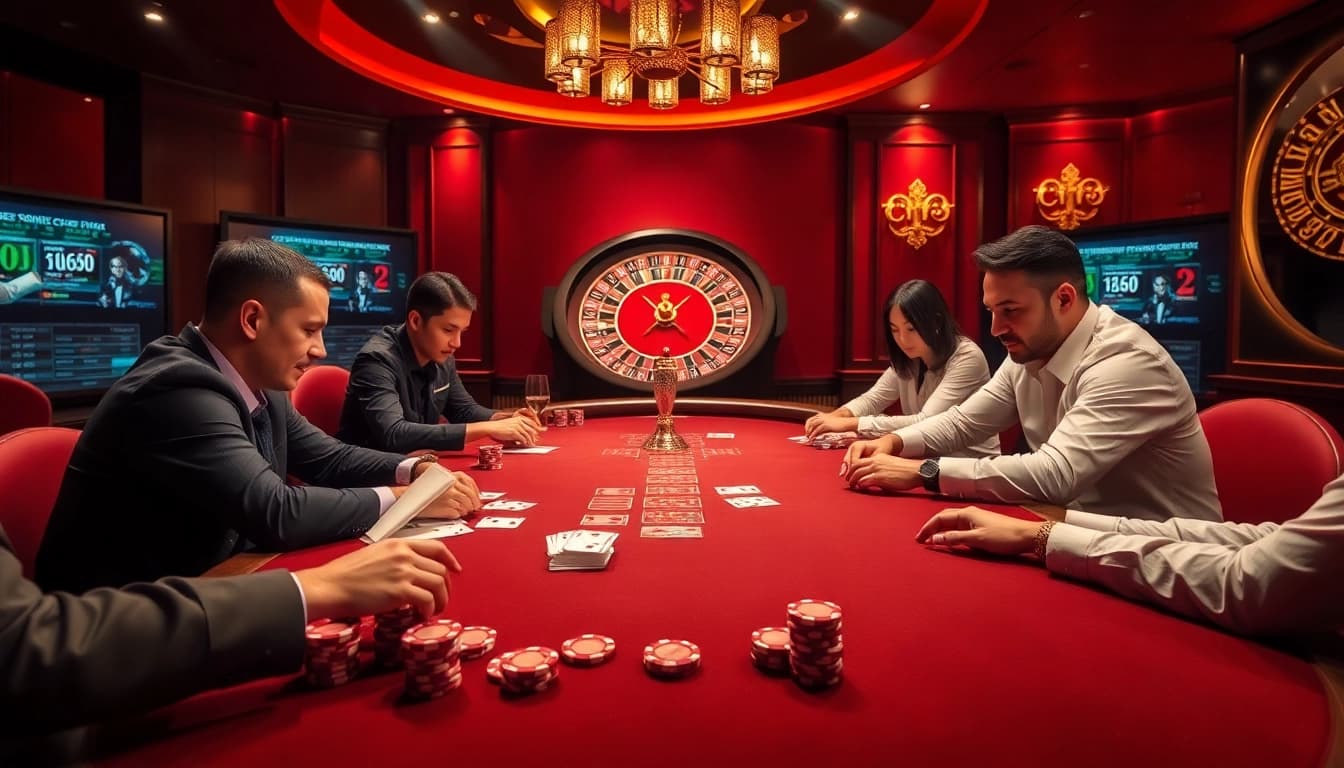 C168 players strategizing at a luxurious poker table in a vibrant casino atmosphere.