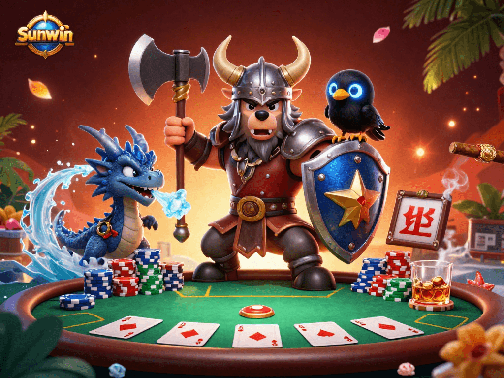Experience thrilling gameplay with sunwin at a vibrant poker showdown featuring mythical characters.
