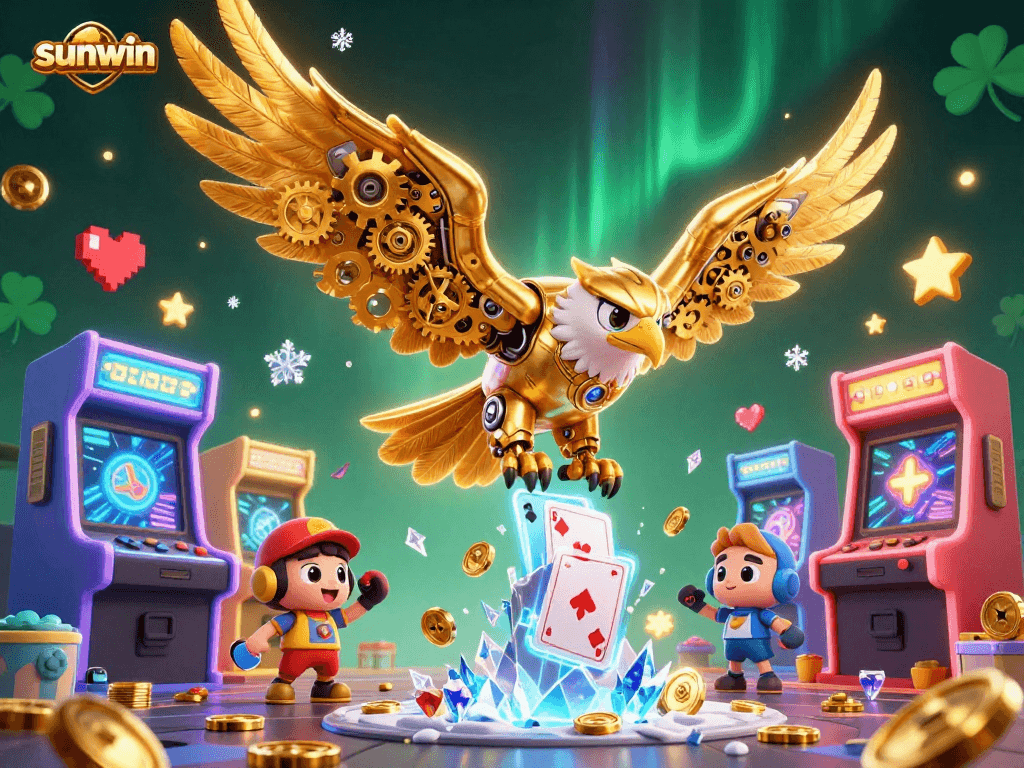 Experience thrilling wins with sunwin's cybernetic eagle soaring amidst vibrant casino elements.
