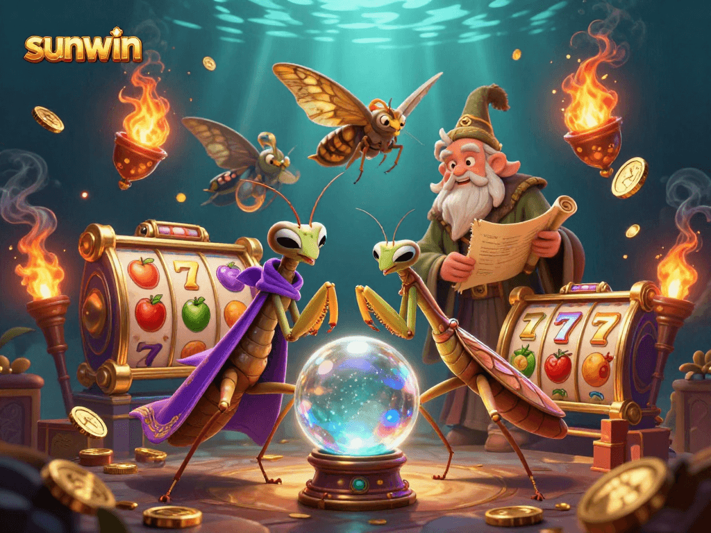 Experience the magic of sunwin with a fortune teller scene filled with vibrant slot reels and golden elements.