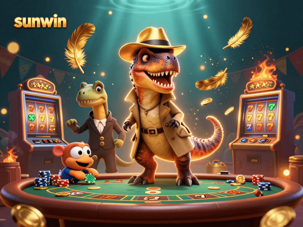 Experience thrilling gameplay with sunwin's blackjack featuring a sneaky velociraptor card counter and vibrant casino atmosphere.