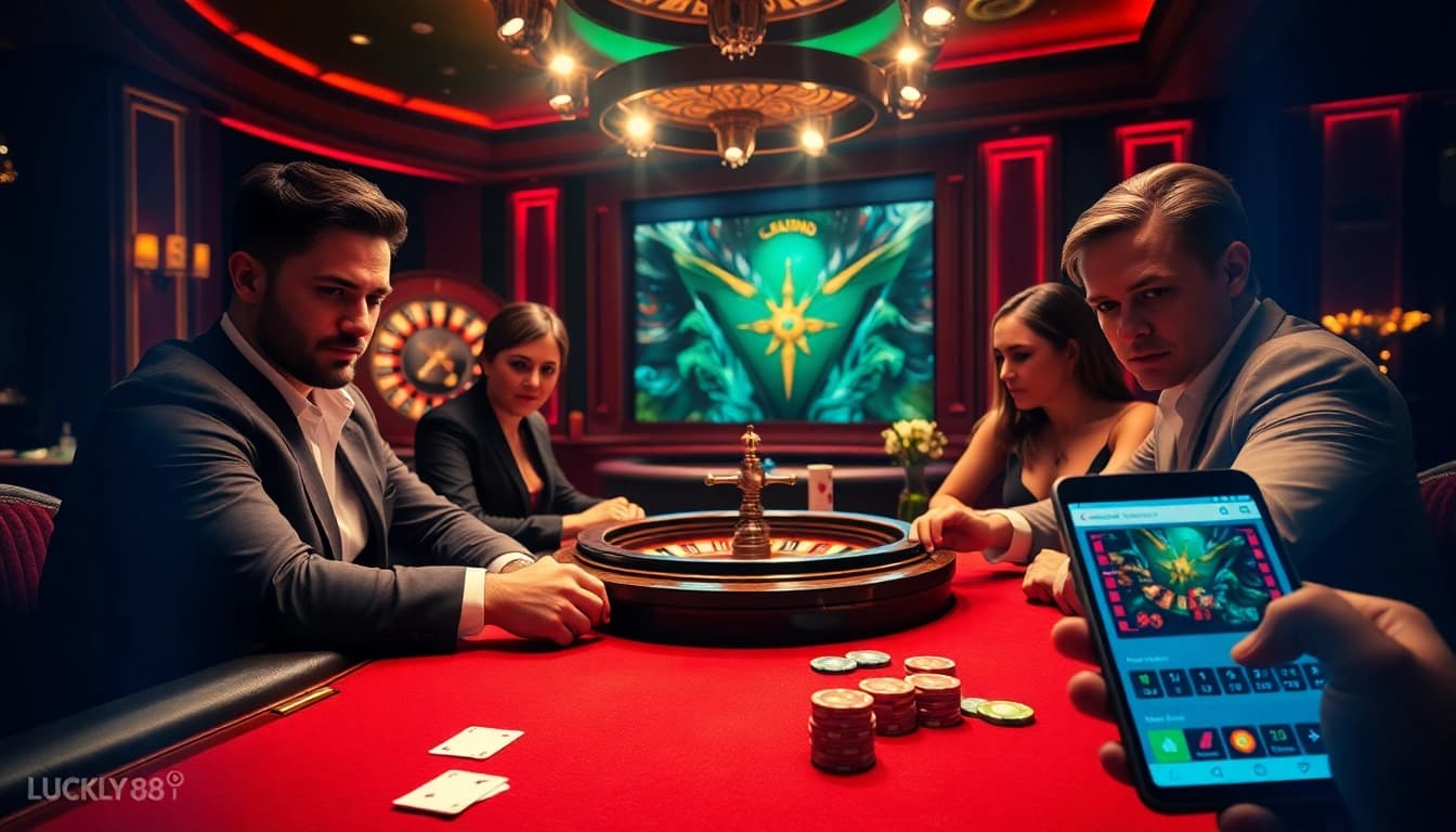 A thrilling poker scene at LUCKY88 COM showcasing high-stakes gameplay and luxury ambiance.