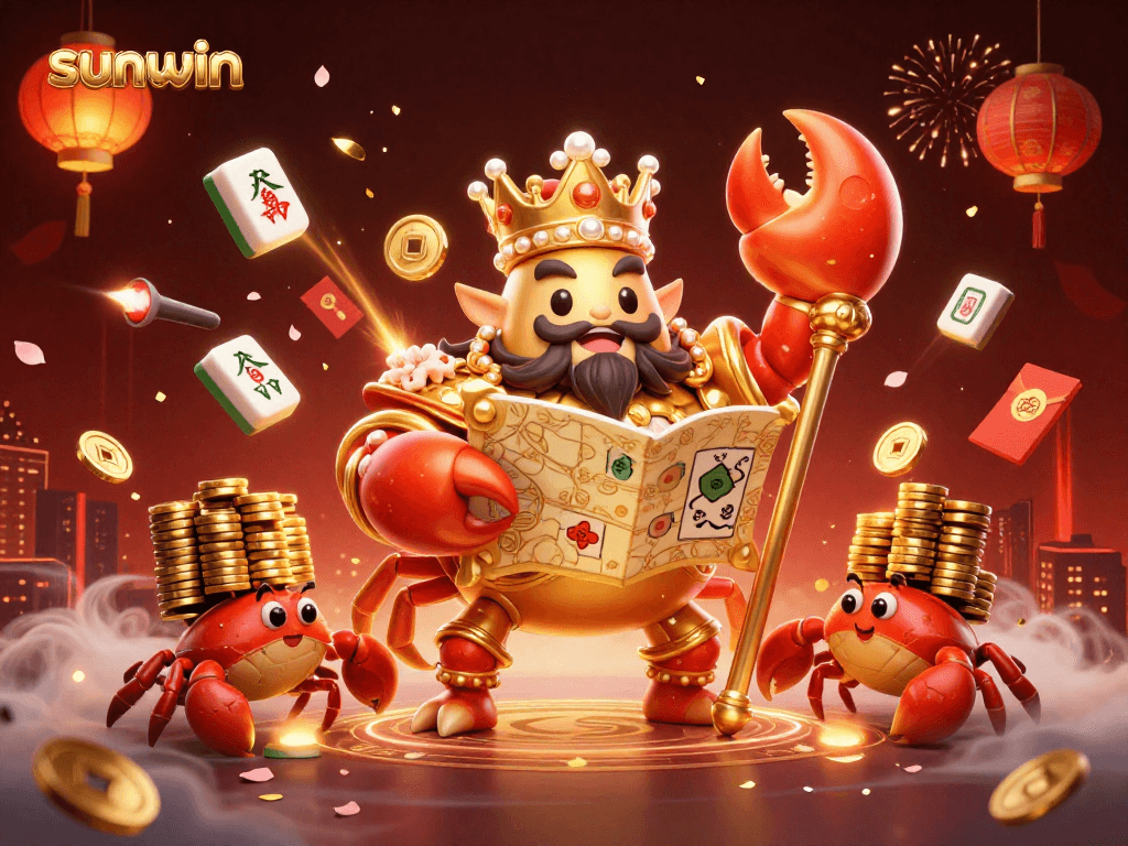 Win big with sunwin's golden crab emperor among a vibrant, festive casino scene.