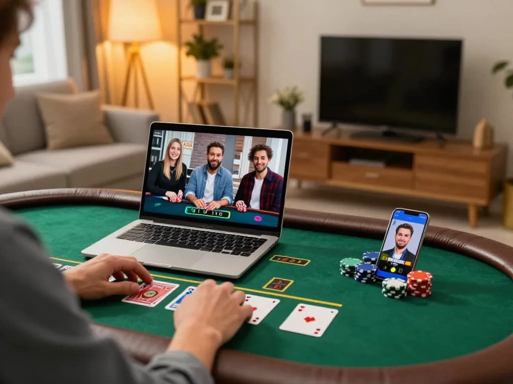 Engaged player enjoying online gaming experience at RR88 with live dealer poker on their laptop.