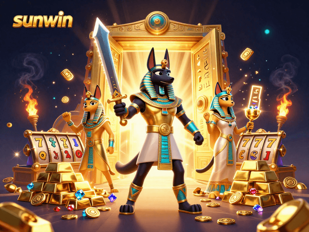 Spin and win with sunwin's Egyptian-themed slots illustration showcasing Anubis and treasures.
