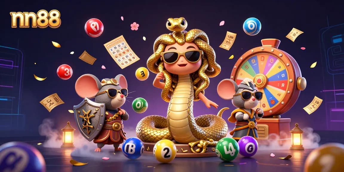 Win big with nn88 through a vibrant 3D gaming scene showcasing lottery excitement, dynamic elements, and colorful characters.