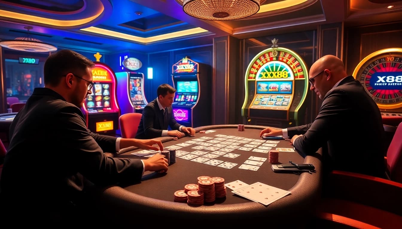 Exciting poker game at XX88 casino showcasing vibrant chips and cards in a luxurious setting.