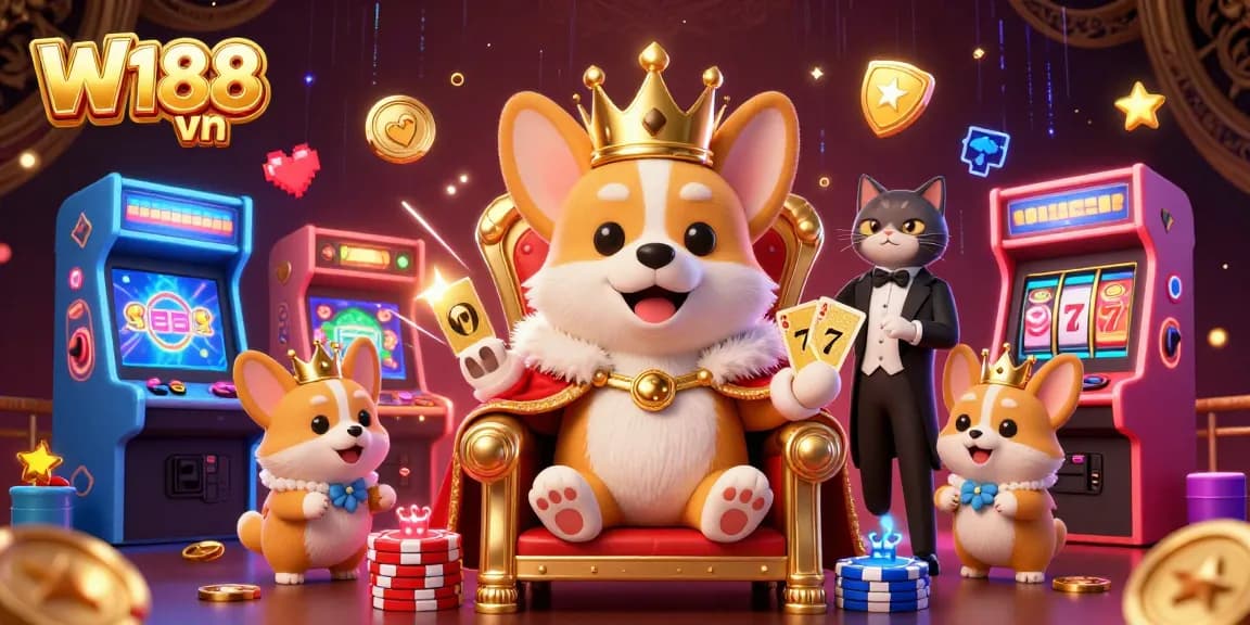 Experience winning moments at W188 vn with a royal corgi amidst vibrant casino games and colorful 3D elements.