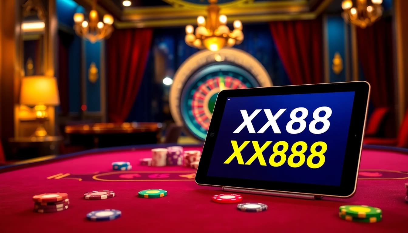 Experience the thrill of gaming at XX88 with a vibrant casino scene featuring poker tables and roulette.