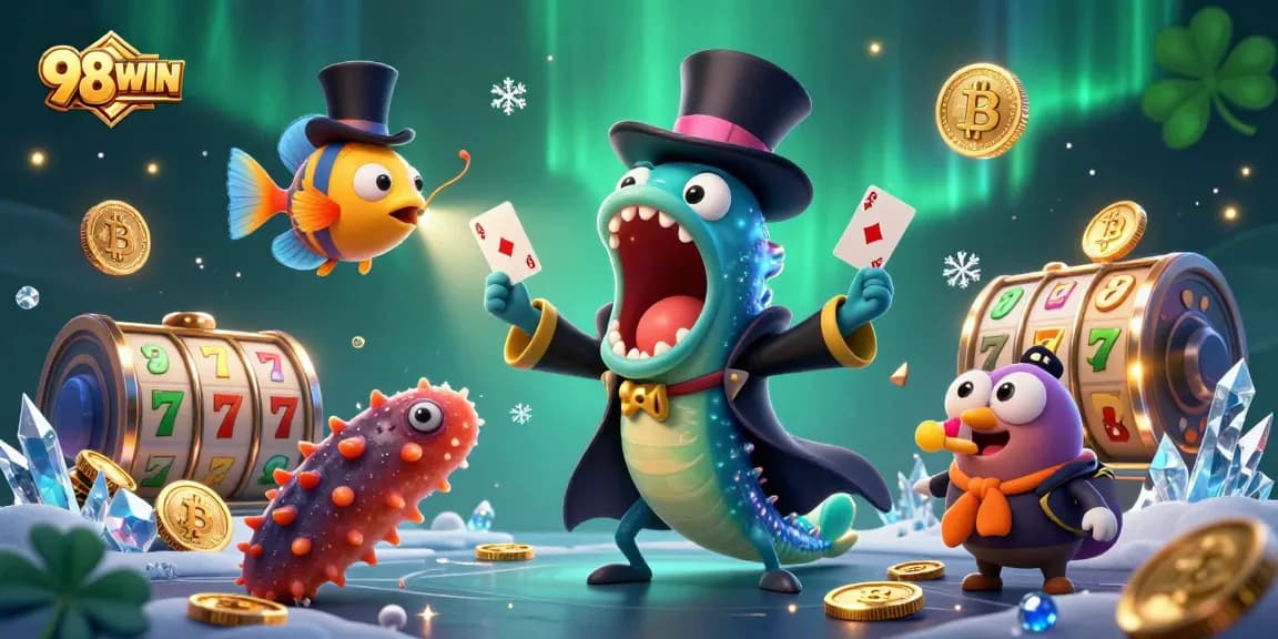 Experience thrilling card tricks with 98WIN's bioluminescent eel and anglerfish in a dynamic casino scene.