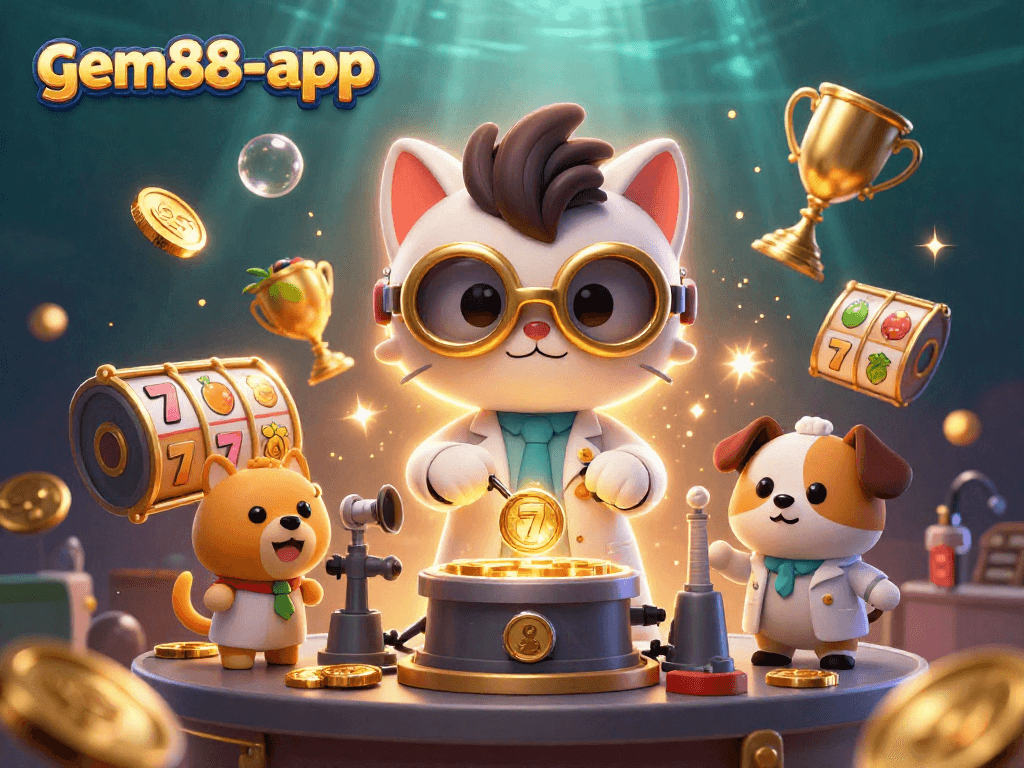 Join the fun with gem88-app as the mad scientist cat and lab assistant dog bring slot machine delights to life!