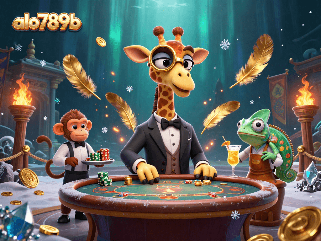Experience thrilling gameplay at alo789b with a high-roller giraffe at a poker table, vibrant casino atmosphere.