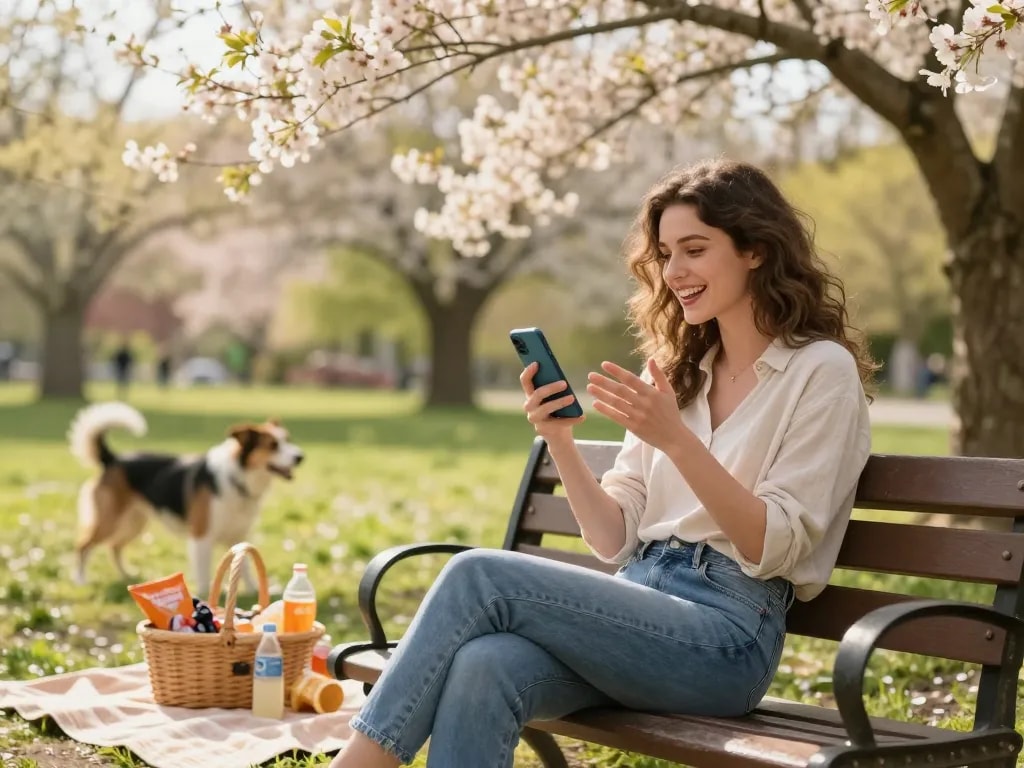 A woman chatting with her girlfriend AI on a smartphone in a vibrant park, showcasing companionship and emotional connection.