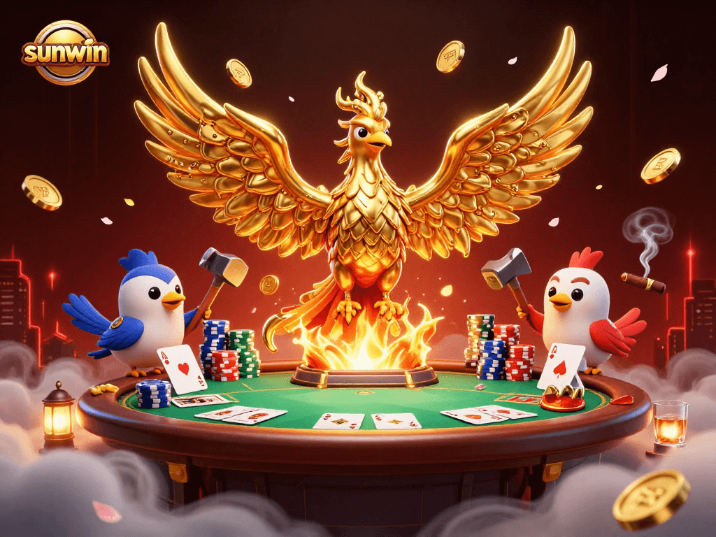 Experience vibrant sunwin gameplay with molten golden phoenix surrounded by poker elements.