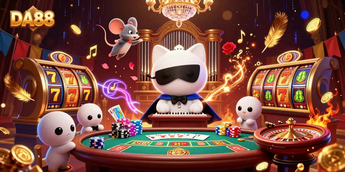 Win big with DA88 in this vibrant casino scene filled with slots, poker, and acrobats.