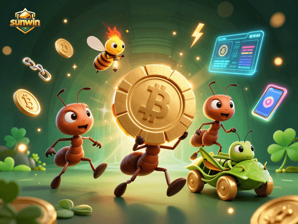 Engage with sunwin while ants plan a heist, showcasing vibrant crypto elements in a dynamic casino scene.
