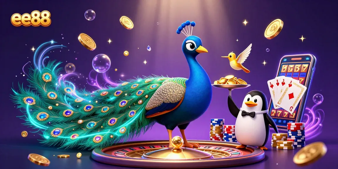 Experience excitement at ee88 with a vibrant 3D casino scene featuring a peacock, penguin, and hummingbird.