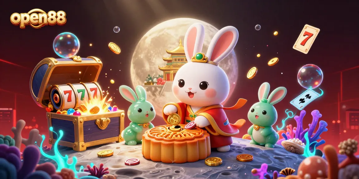 Experience the excitement of open88 with a vibrant casino-themed lunar scene featuring playful characters and rich details.