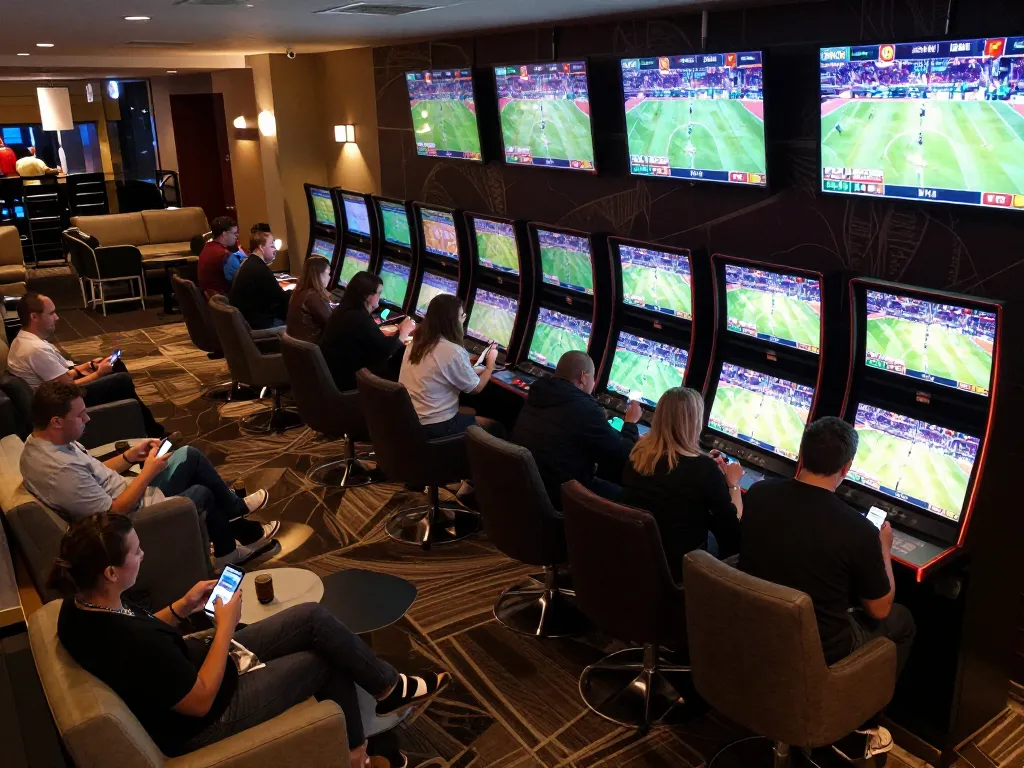 Guests enjoying live sports betting at the keonhacaii lounge with screens and comfortable seating