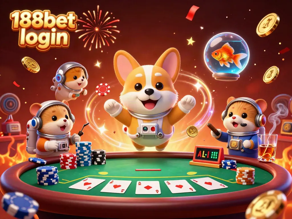 Join the fun with 188bet login at this vibrant space station casino scene of a floating astronaut corgi and friends!