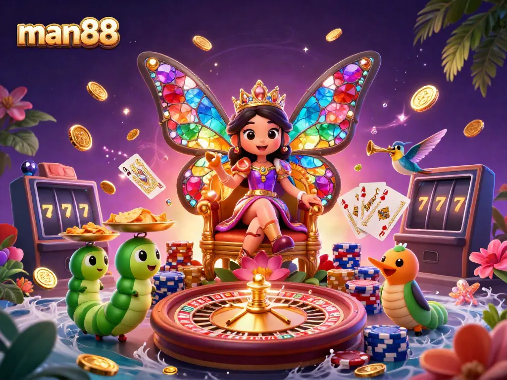 Win big at man88 with a golden butterfly queen in a dazzling 3D casino scene.