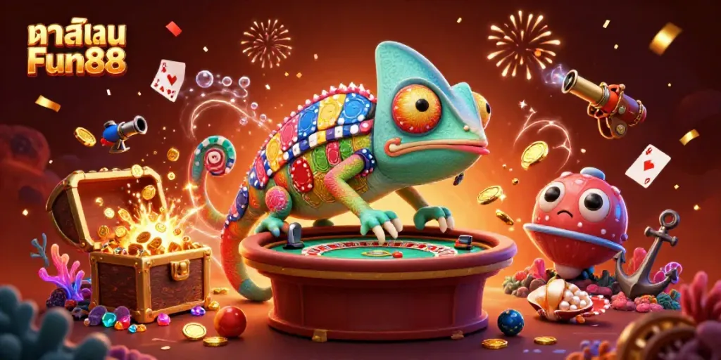 Engaging illustration of คาสิโน Fun88 with colorful chameleon casino owner and dynamic gaming elements.