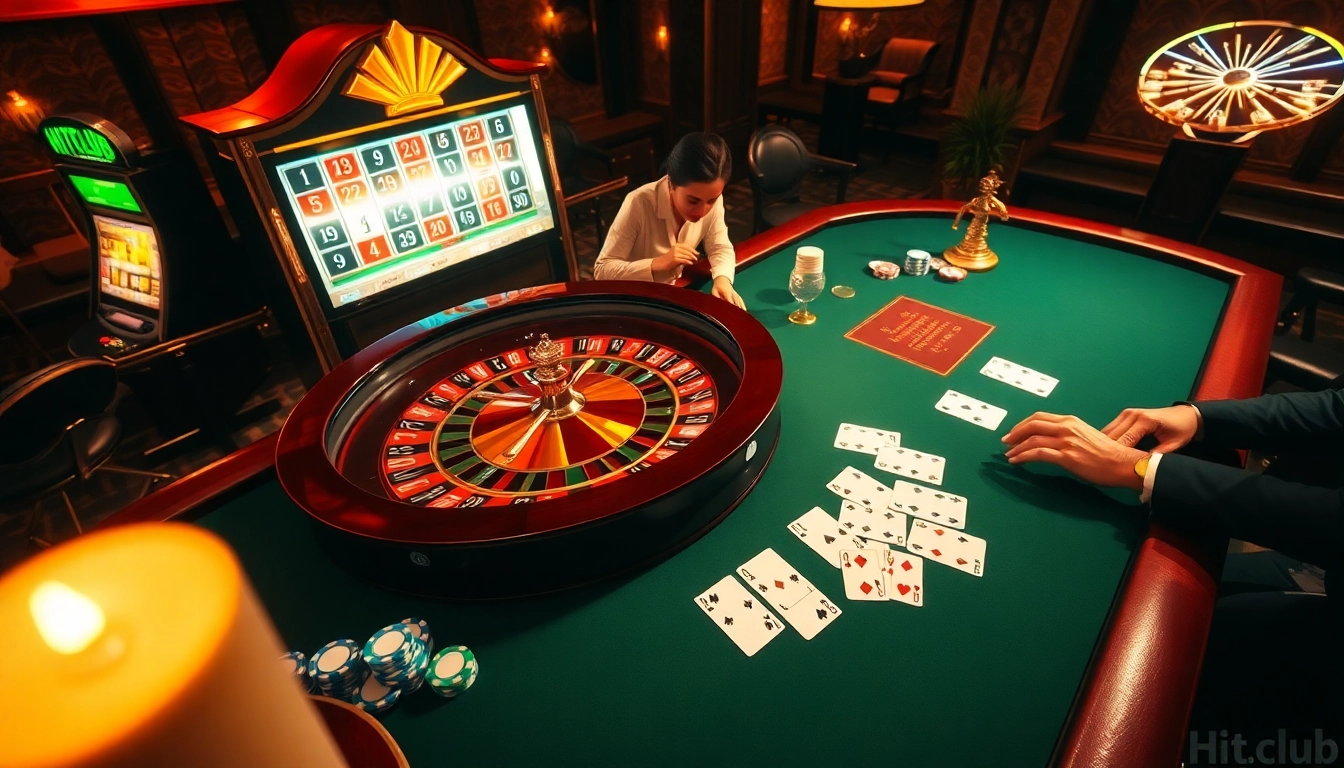 Hitclub players enjoying an exciting game at a luxurious roulette table in a vibrant casino.