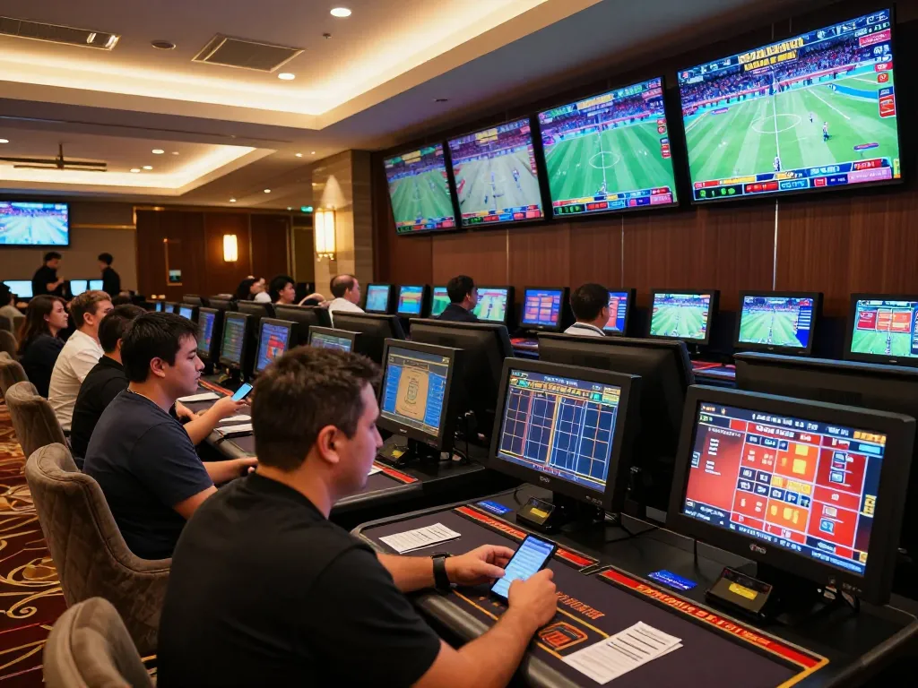 Sports enthusiasts engaging in live betting and strategy discussion in a vibrant casino setting featuring mm88br.