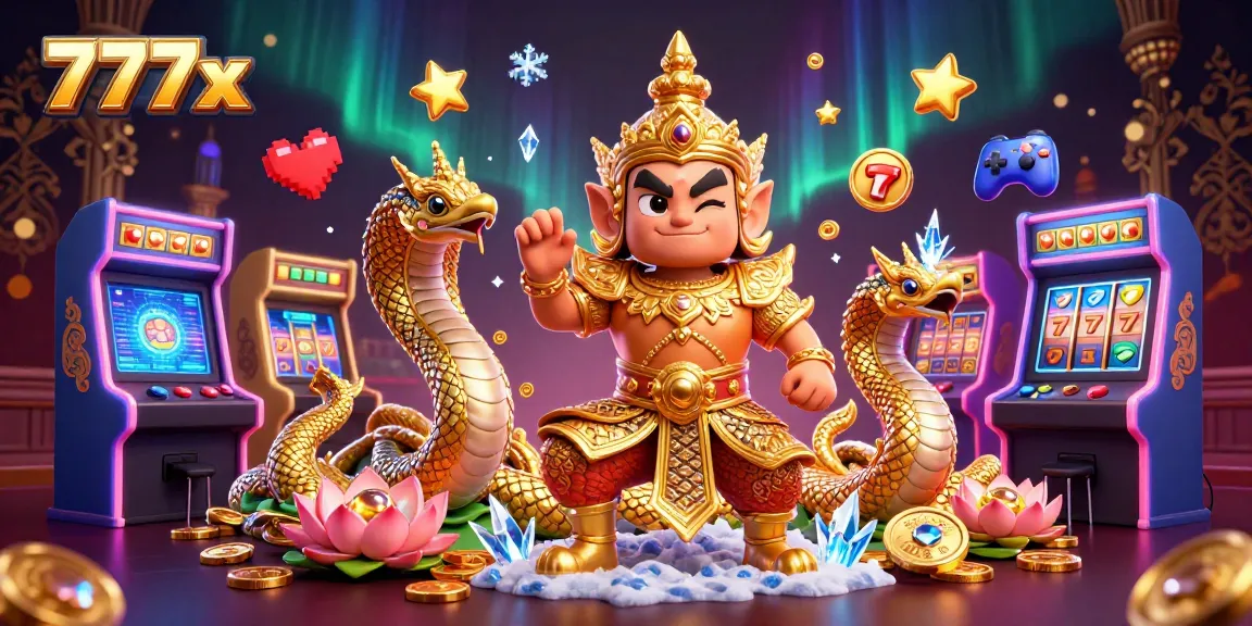 Engage with vibrant casino elements in this dynamic 777x illustration featuring a guardian and arcade machines.