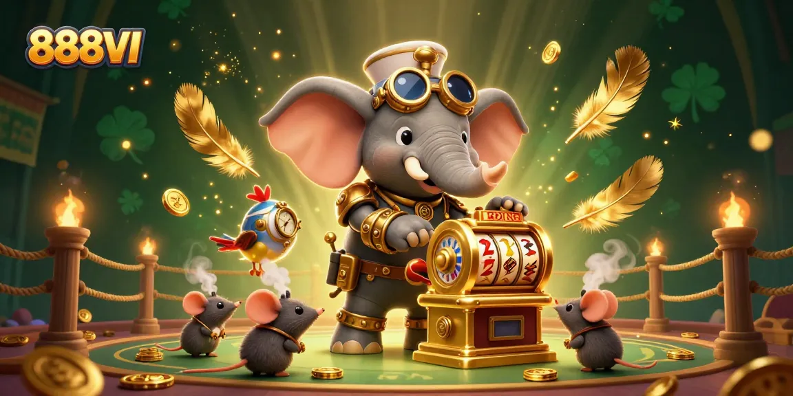 Experience thrilling casino vibes with 888VI's vibrant illustration depicting a steampunk elephant at a golden slot machine.