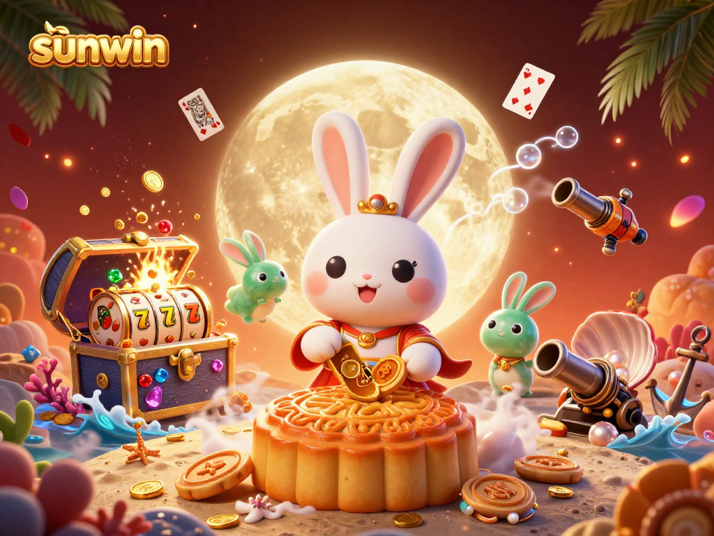 Engaging scene with the sunwin brand featuring a moon rabbit and casino elements illustrating big wins.