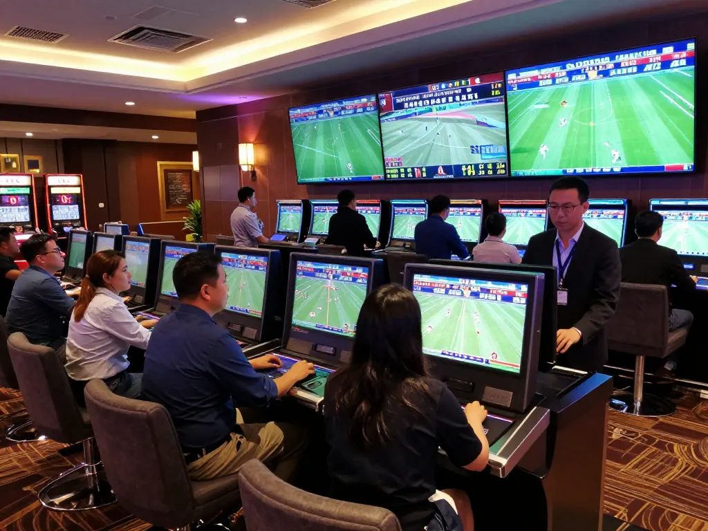 Tỷ lệ bóng đá kèo nhà cái displayed on multiple screens in an upscale sports betting venue.