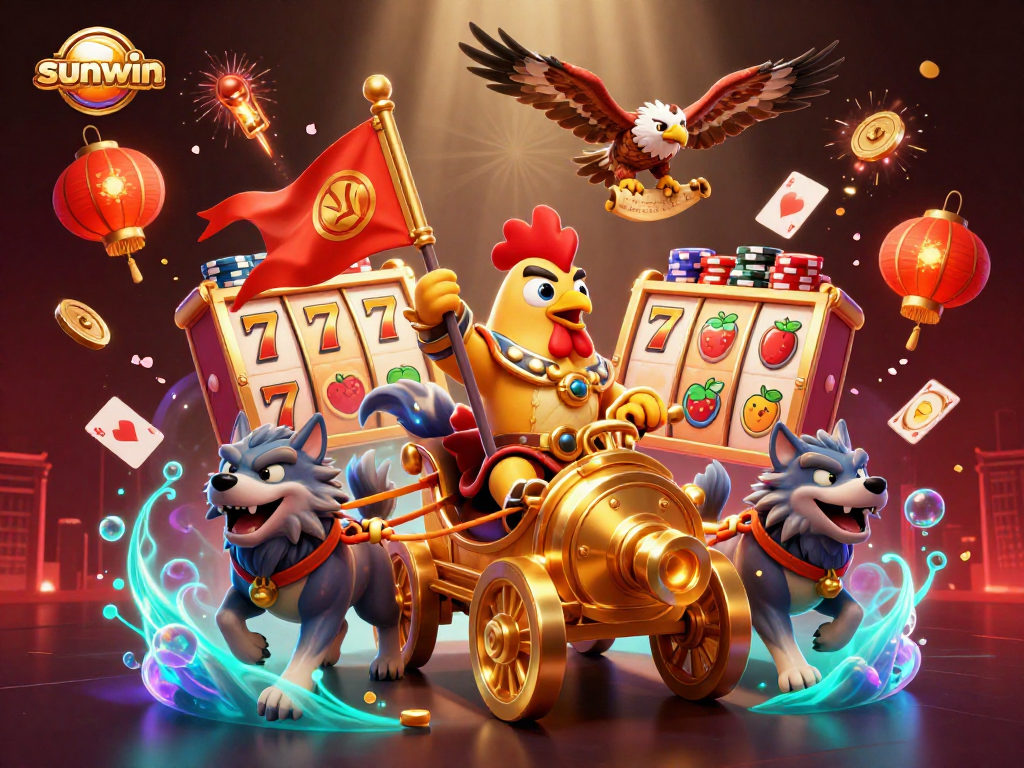 Play casino slots and poker with exciting visuals featuring sunwin, a rooster warlord and vibrant elements.