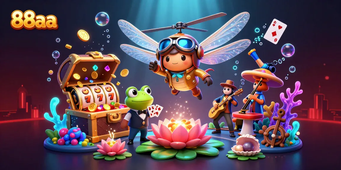 Experience the excitement of 88aa with a lively casino scene featuring a dragonfly pilot, a frog dealer, and jazz musicians.