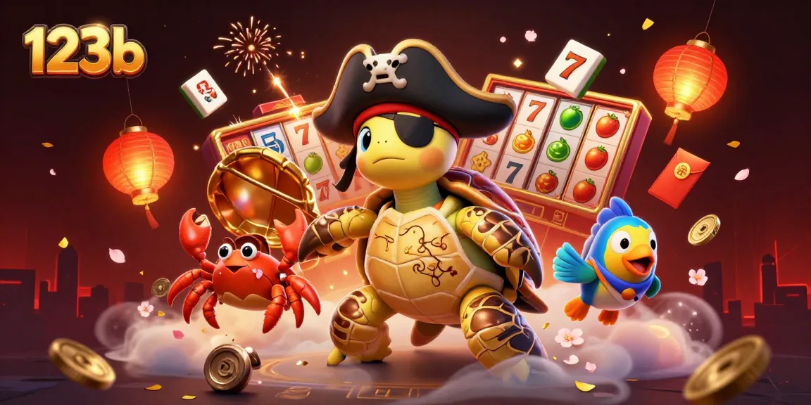 Engage in thrilling slots at 123b with a colorful pirate turtle illustration amidst casino treasures.