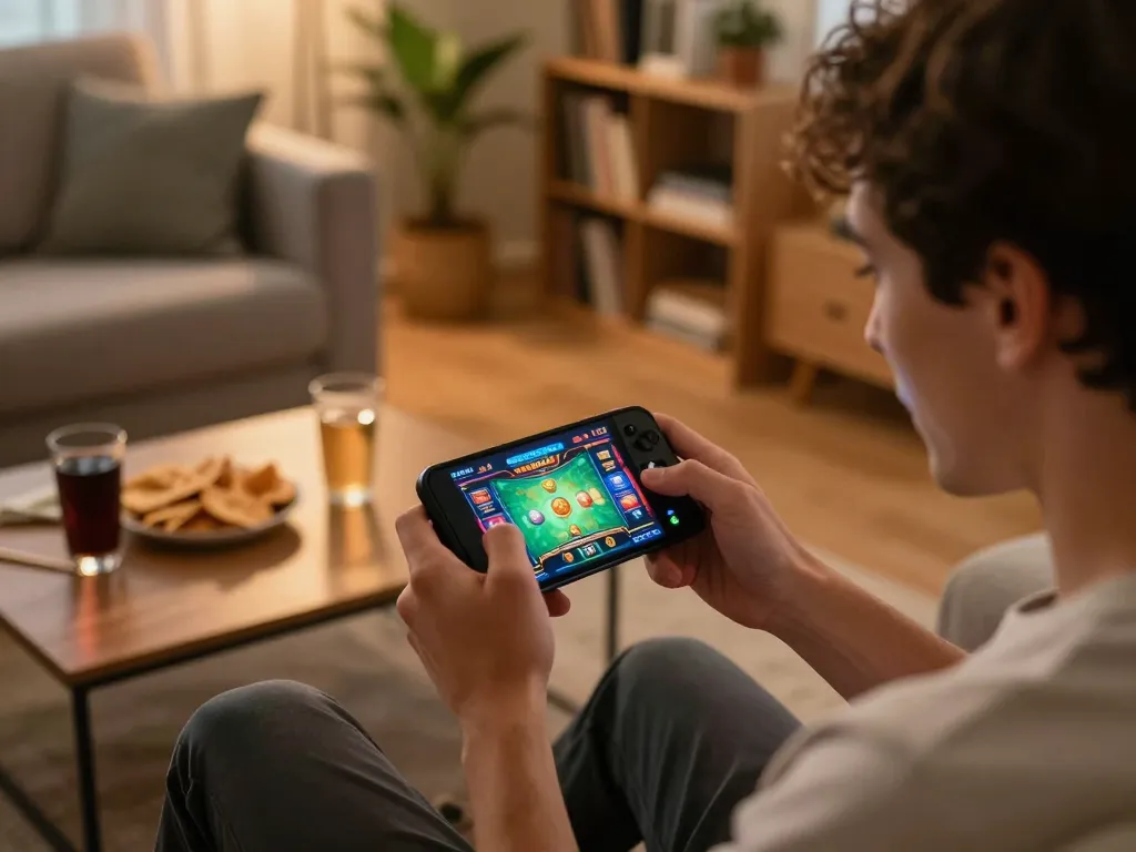 Engaging with the nk88 app during an exciting online gaming session in a cozy home.