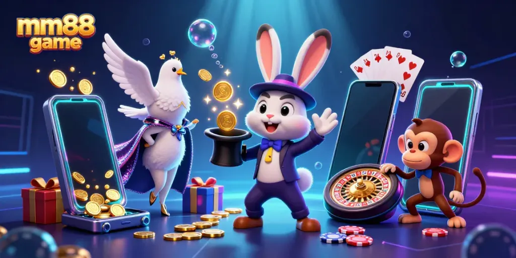 Experience the excitement of mm88 game with a magical 3D illustration of casino fun and winning with coins and cards.