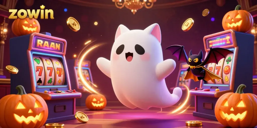 Zowin captivates gamblers with a vibrant casino scene featuring a playful ghost cat and gold coins flying around.