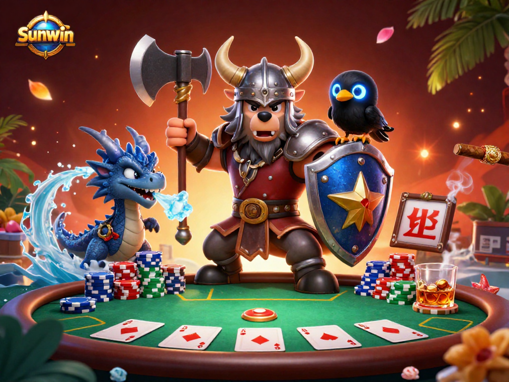 Experience thrilling gameplay with sunwin at a vibrant poker showdown featuring mythical characters.