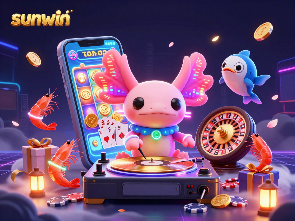 Experience exciting gameplay at sunwin with a neon axolotl DJ and thrilling slot game action.