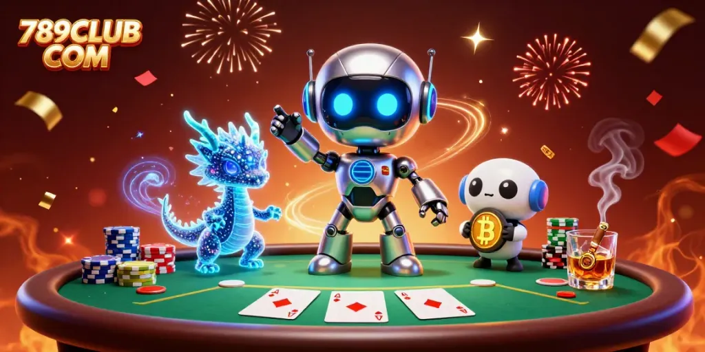 Engage in thrilling poker at 789CLUB COM with dynamic characters and vibrant casino elements.