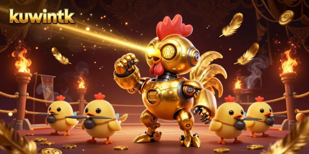 Engage with the thrilling world of kuwintk, featuring a golden rooster robot and vibrant betting tokens.