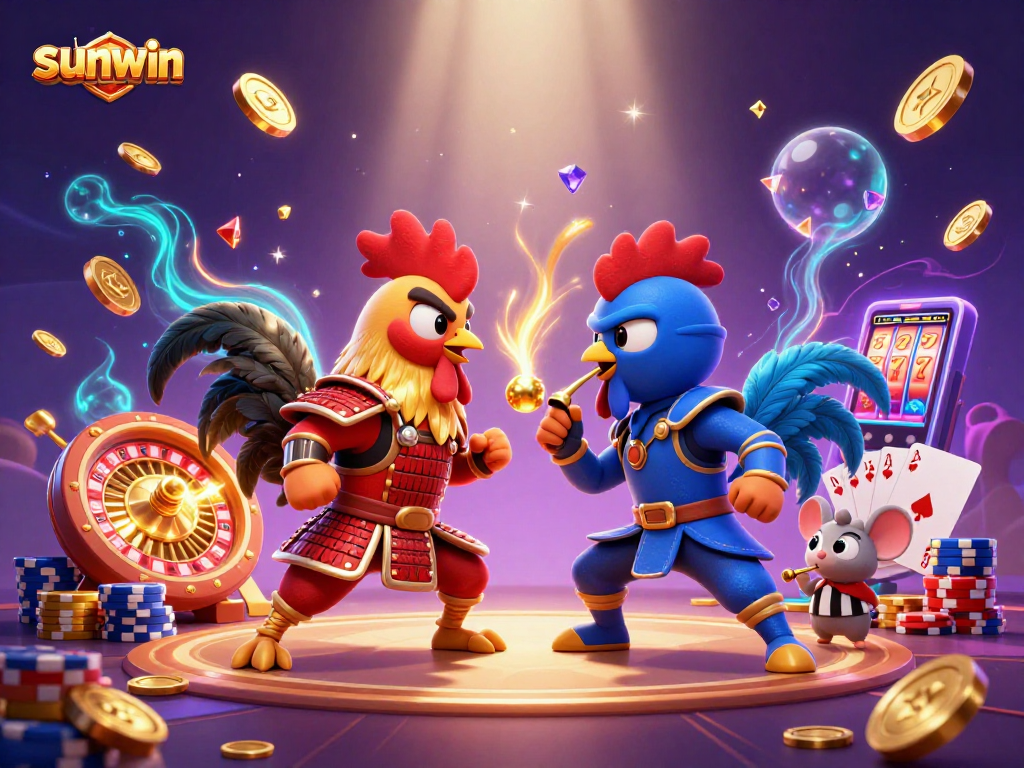 Engage with sunwin's exciting 3D casino adventure featuring roosters, coins, and games.
