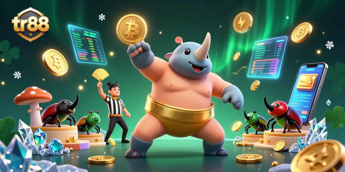 Celebrate winnings at tr88 with a dynamic 3D sumo beetle scene amid gold coins and crypto coins.