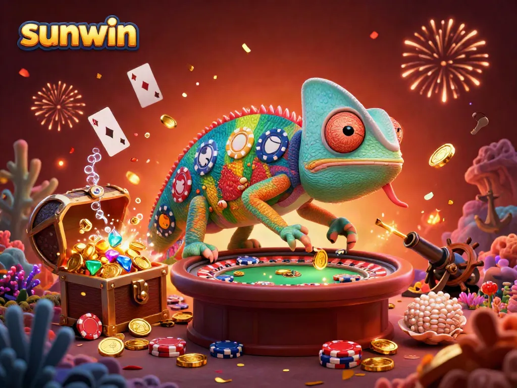 Engage in thrilling casino gameplay at Sunwin with vibrant chameleon character blending poker chip colors.