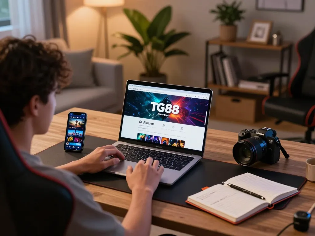 Engaging in tg88 đăng nhập for online casino gaming with a focused setup, modern warm ambiance, and strategic tools.