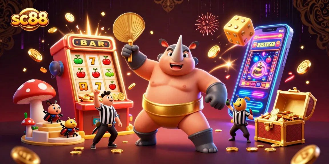 Win big at sc88 with an energetic sumo beetle championship scene filled with slot machines.