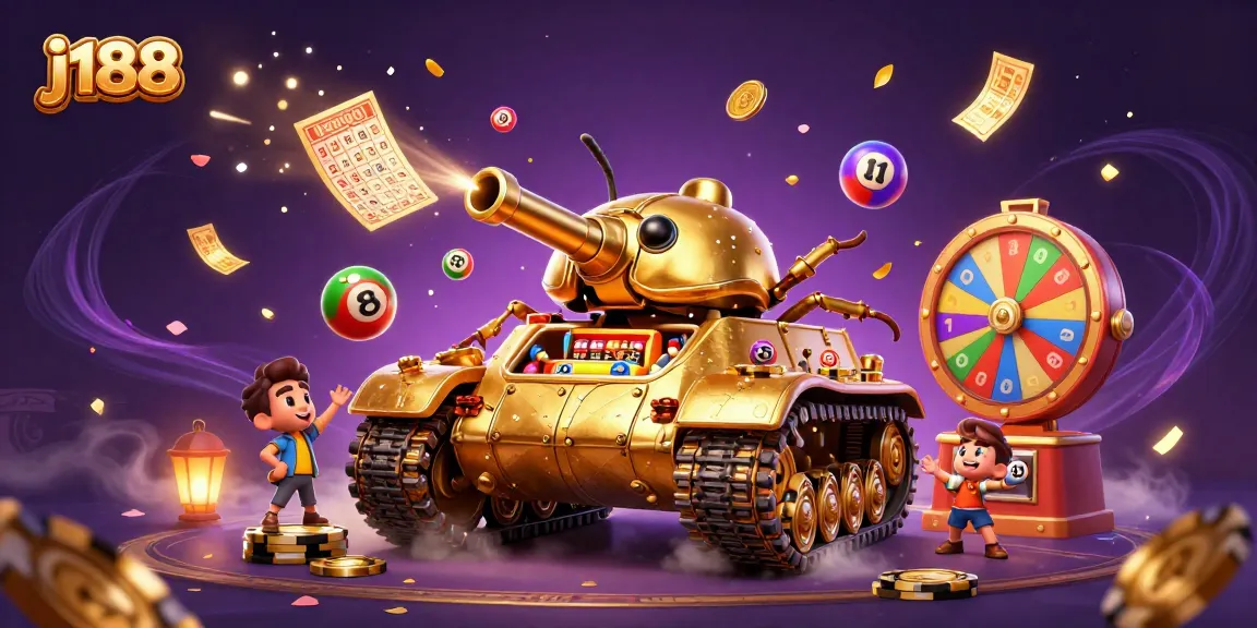 Bets come to life in a vibrant j188 casino scene with a golden beetle tank and falling lottery balls.
