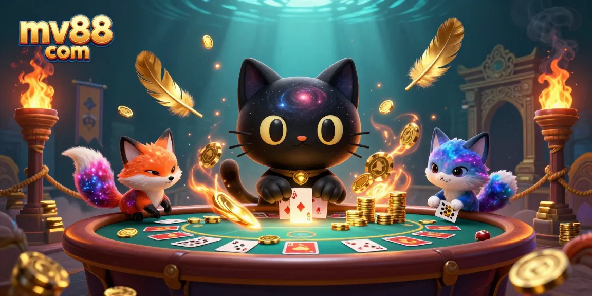 Experience the excitement of mv88 com with a cosmic casino scene, featuring a black hole cat and colorful nebula fox.